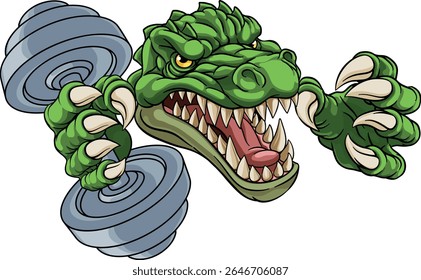 A crocodile, dinosaur or alligator lizard weight lifting trainer, exercise or body building gym cartoon sports mascot holding weights dumbbell