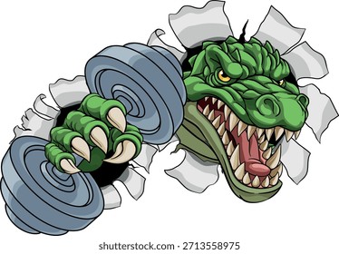 Un entrenador de levantamiento de pesas de cocodrilo, dinosaurio o lagarto lagarto, ejercicio o musculación gimnasio de dibujos animados mascota deportiva con pesas mancuerna