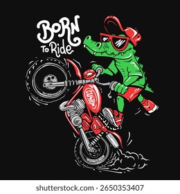 Crocodilo fazendo uma roda em uma motocicleta, motociclista de desenho animado usando um boné e óculos de sol, perfeito para o design de t-shirt