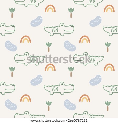 Crocodile draw cartoon so cute. On tree swamp rainbow background. Pattern seamless vector illustration. 