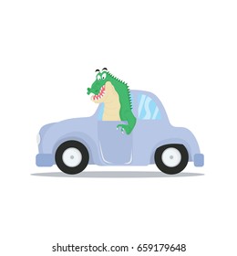 crocodile driving car cartoon vector illustration