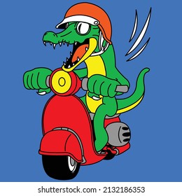CROCODILE DRIVING A VESPA DOWN THE ROAD