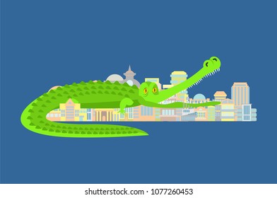 Crocodile Eat city. Rampage mythical monster destroys town.
