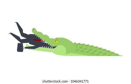 Crocodile eaten businessman. Alligator open mouth and Boss. office life vector illustration.
