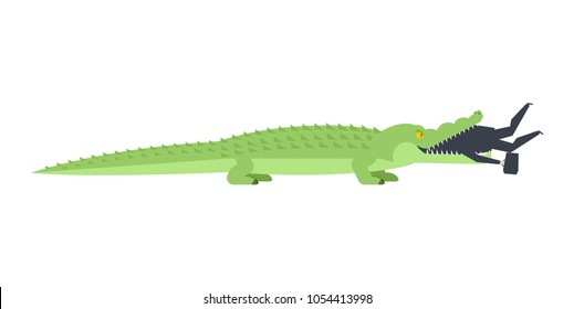 Crocodile eaten businessman. Alligator open mouth and Boss. office life vector illustration.
