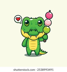 Crocodile eating dango cartoon vector illustration. design element suitable for poster, brochure, web, mascot, sticker, logo and icon.