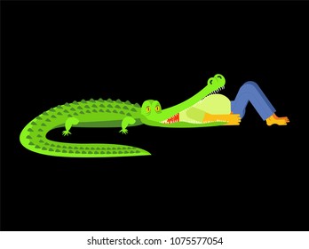 Crocodile eating man. Guy in mouth of alligator. Wild nature danger
