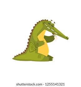 Crocodile eating meat, funny predator cartoon character with bone vector Illustration on a white background