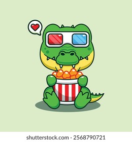 Crocodile eating popcorn and watch 3d movie cartoon vector illustration. Vector cartoon Illustration suitable for poster, brochure, web, mascot, sticker, logo and icon.