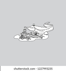Crocodile eating tongue with frog. Lizard eating insect vector illustration cartoon. Gray funny cartoon crocodile isolated on gray background.