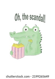 Crocodile eats popcorn from a pink box