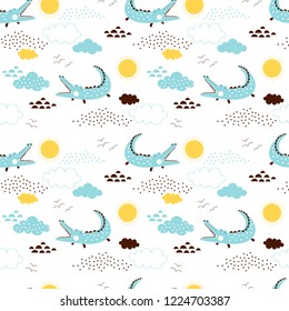 Crocodile eats sun.  Little Alligator seamless pattern. Decorative safari surface print for kids and nursery design. Vector graphic.