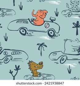 Cocodrilo, coche elefante divertido estampado fresco de camiseta de verano sin costura. Diseño de impresión para viajes por carretera. Prendas de vestir para niños de viajes tropicales en la playa, papel tapiz exótico de jungla silvestre en la guardería. Animales dibujados a mano