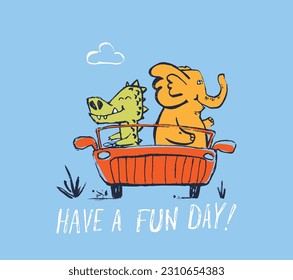 Crocodile and elephant on car funny cool summer t-shirt print design. Road trip on cabriolet automobile. Slogan. Drive safari animal illustration. Beach travel kids nursery poster Adorable pattern