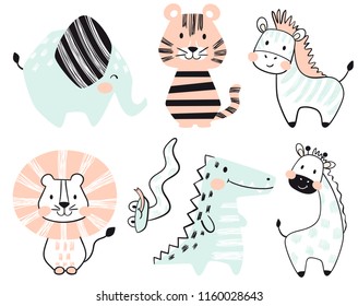 Crocodile, elephant, tiger, zebra, lion, giraffe, snake baby cute print set. Sweet zoo. Cool african animal illustration for nursery t-shirt, kids apparel, invitation, simple scandinavian child design