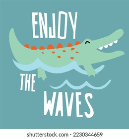 crocodile enjoy the waves, hand drawn style vector. graphic tshirt and other print 