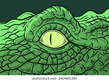 Crocodile eye closeup. Skin texture. Aquatic carnivorous reptile. Alligator and caiman. Predator hunter of Africa. Big animal. Cartoon vector illustration. Hand drawn line