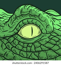 Crocodile eye closeup. Skin texture. Aquatic carnivorous reptile. Alligator and caiman. Predator hunter of Africa. Big animal. Cartoon vector illustration. Hand drawn line