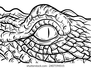 Crocodile eye closeup. Skin texture. Aquatic carnivorous reptile. Alligator and caiman. Big animal. Vector illustration. Hand drawn line black ink