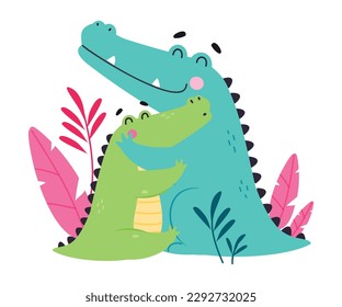 Crocodile family. Cute mom alligator hugging her baby cartoon vector illustration