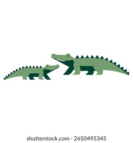 Família Crocodile, ilustração vetorial plana de répteis selvagens. Pai e bebê crocodilo em estilo cartoon para crianças cartazes, temas de zoológico, vida selvagem da selva ou materiais educativos.