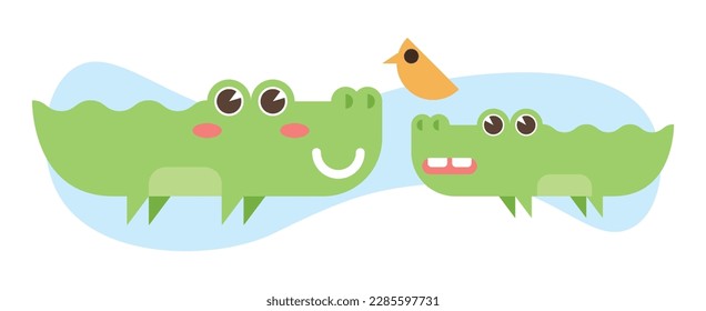 Krokodile Familie mit freundlichem Vogel, süße Vektorgrafik in geometrischer Art, Elternalligator und Kind, das mit glänzenden großen Augen lächelt