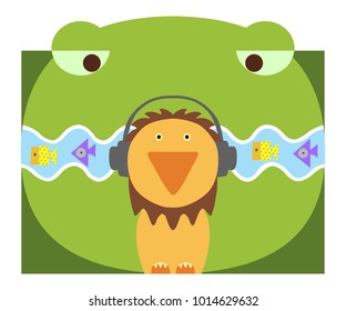 Crocodile with fish in the mouth hunting for a lion in headphones.