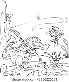 Crocodile Fishing Coloring page for kids