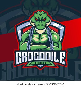 crocodile fitness mascot character design with muscle badge and chain