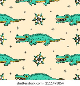 Crocodile and flowers retro style seamless pattern .Vector cartoon graphic illustration wallpaper background design.Crocodile,alligator,flower,old school traditional tattoo, print seamless pattern art