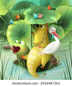 Crocodile frog and birds at a swamp or lake, silly characters for kids. Pond rainy scenery with animals, fairy tale cartoon. Vector hand drawn illustration in 3d style, characters for children.