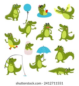 Crocodile funny character. Cartoon crocodiles in different situations and poses. Childish animal, cute alligator for stickers, classy vector set