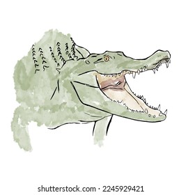 a crocodile with gaping mouth hand drawn with watercolors. isolated vector graphic.
