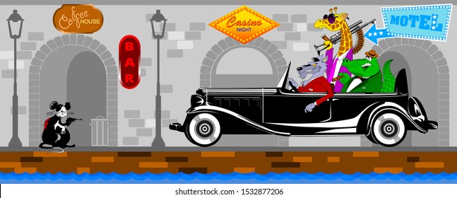 Crocodile, giraffe and wolf ride in a black car on a city street