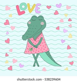 Crocodile girl with closed eyes having flower in her hand. Cute alligator in a dress in peas on background from wavy lines and hearts. Word love is hand drawn. Design for postcard and print