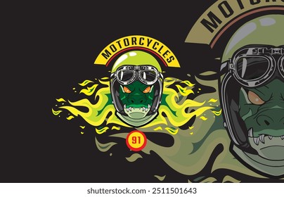 crocodile, green, helmet, flames, fire, vector, logo, motorcycle, club, emblem, mascot, fierce, reptile, burning, background, black, tough, strong, intimidating, biker, gang, design, illustration, sym