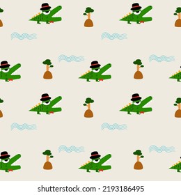  Crocodile green wearing a hat cartoon so cute.on river and tree background.pattern seamless vector and illustration for t-shirt.