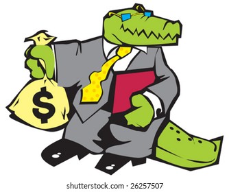 Crocodile in grey suit with sun-glasses and sack of money. Vector illustration.