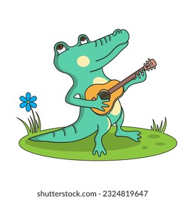 Crocodile with a guitar on a green lawn.