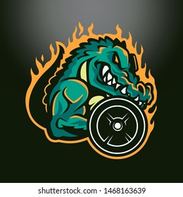 Crocodile Gym and Fitness Mascot Lifting Dumbbell in Vector Illustration