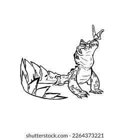 Crocodile hand drawn in pencil. Black and white graphics, symbol, logo, print. Sketch isolated on white background. Illustration.