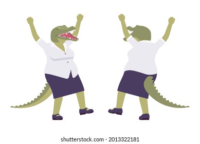 Crocodile happy woman, green reptile lady, animal head, tail human. Aggressive dangerous person with powerful jaws, teeth, wild predator. Vector flat style cartoon illustration, front and rear view