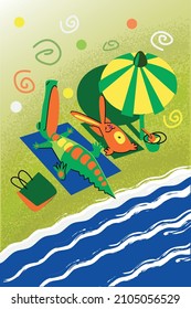crocodile and hare relax on the beach
