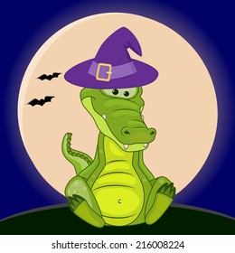 Crocodile in hat on the background of the moon 