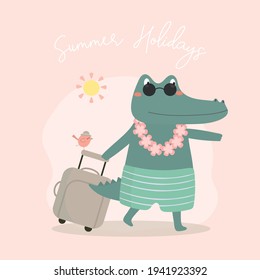 Crocodile in Hawaiian outfit and travel bags on summer holidays, Hand drawn style flat vector illustration, Cartoon Character in Summer time concept
