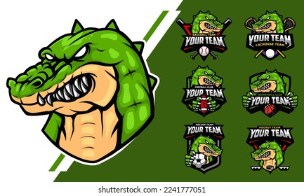 Crocodile Head Mascot Logo with logo set for team football, basketball, lacrosse, baseball, hockey , soccer .suitable for the sports team mascot logo .vector illustration.