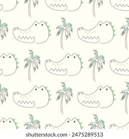 Crocodile head on white background. Simple seamless pattern with palm tree. Funny animal in single continuous line. Flat vector illustration.