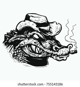 crocodile head smoking with hat on his head hand drawing black and white