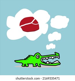 Crocodile and his food. Hand drawn on a light background. Vector illustration.