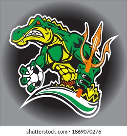 crocodile holding ball and trident